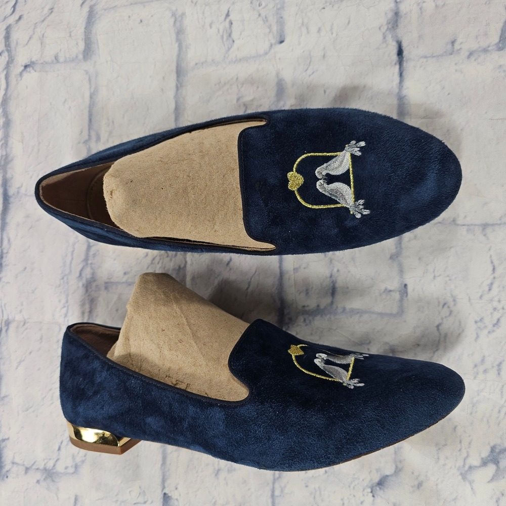 Talbots Velvet Loafers Women 6.5 Navy Blue Embroidered Lovebird Gold Heel Flat